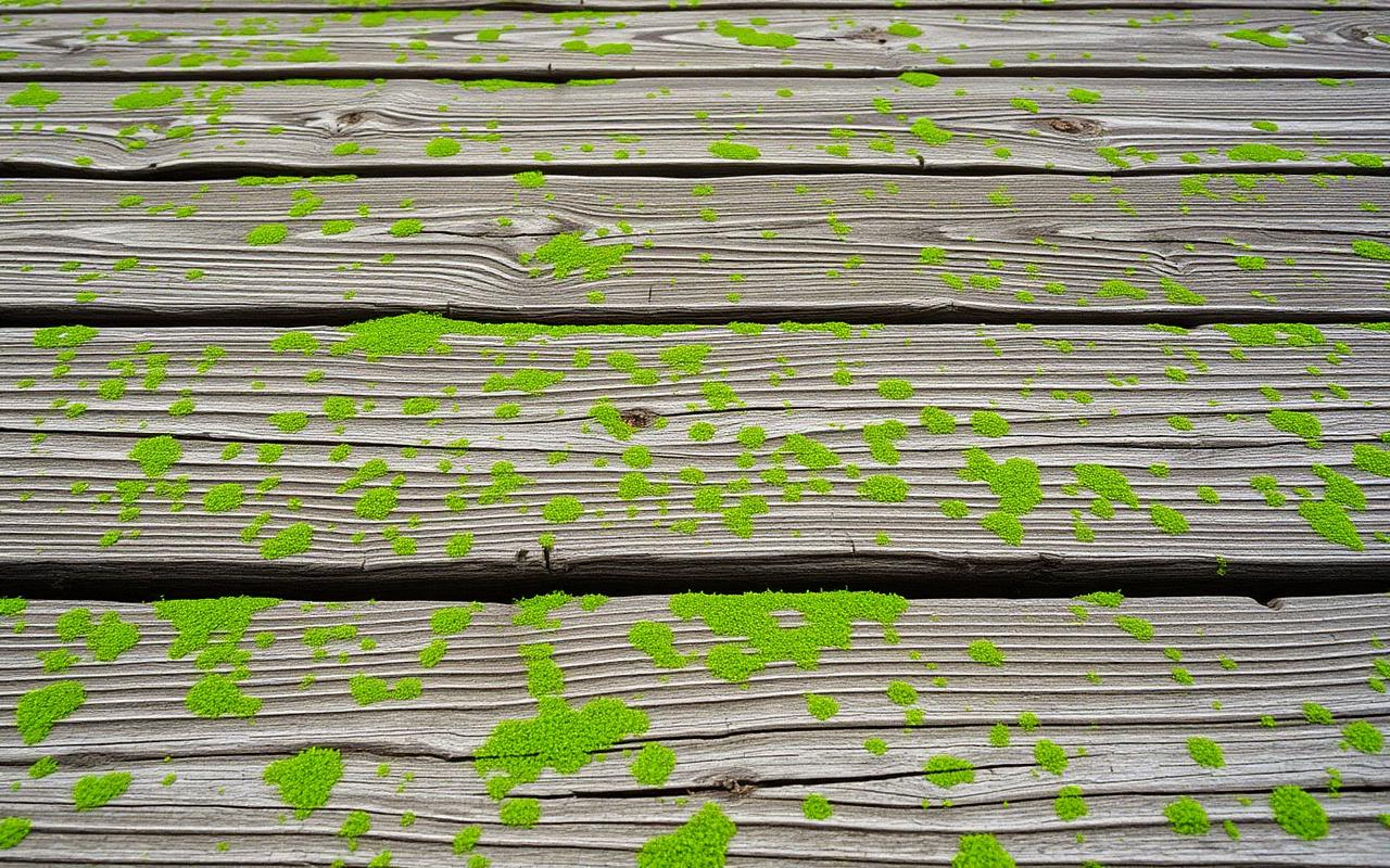 Weathered wooden deck covered in algae before cleaning