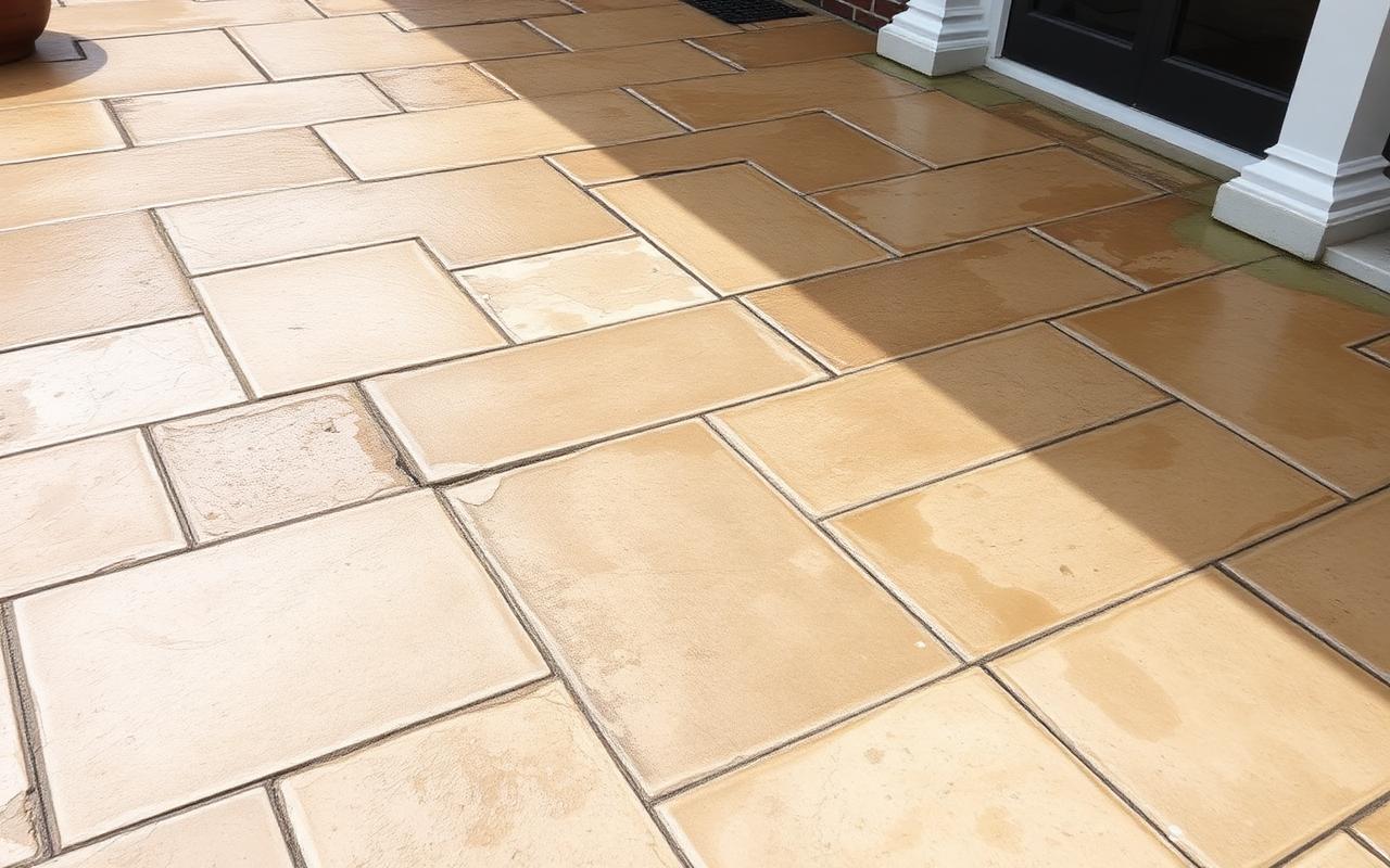 Dingy stained stone patio before cleaning