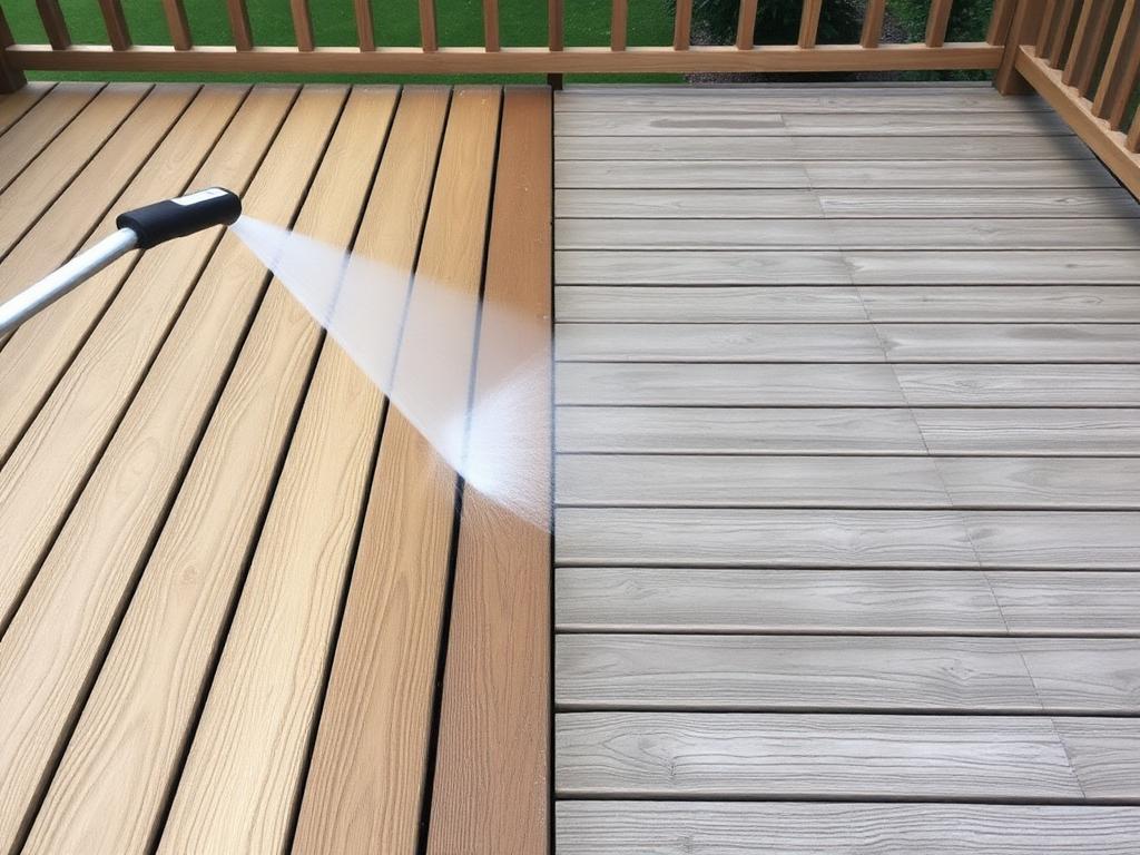 Restored honey-toned wooden deck after soft wash