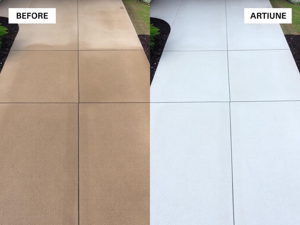 Restored bright concrete driveway after pressure washing