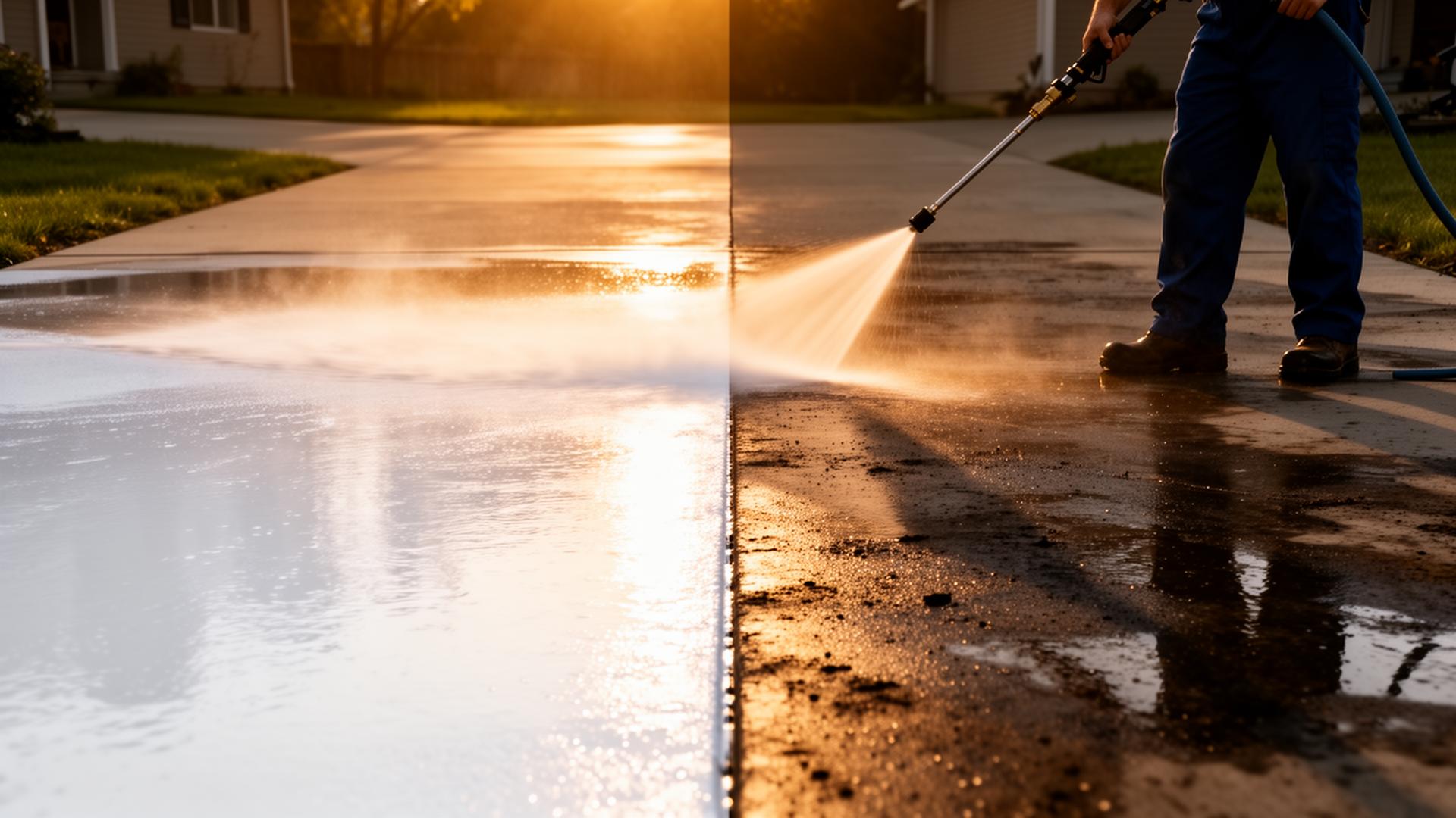 Professional pressure washing dramatically cleaning a driveway